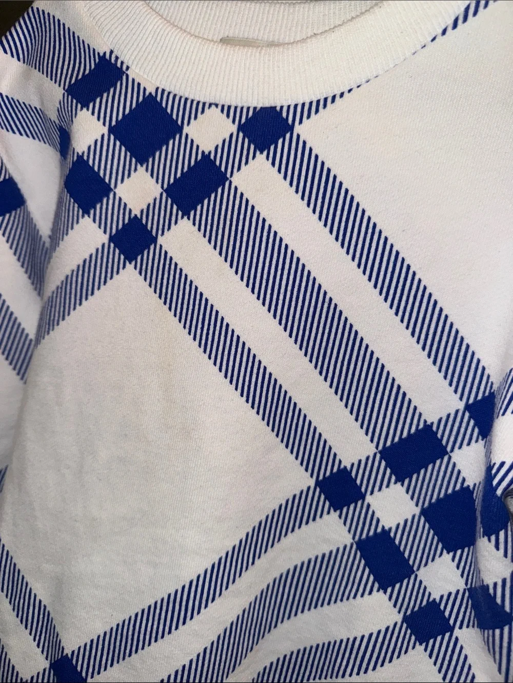Burberry White and Blue Plaid Crewneck Sweater